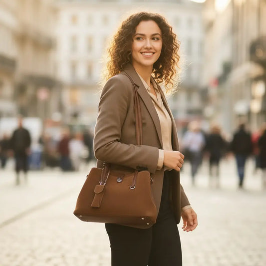 Sac à main femme en cuir suédé marron porté à l’épaule, format moyen, scène urbaine en rue commerçante