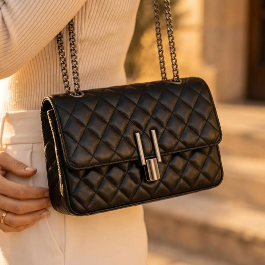 Sac à main matelassé noir femme compact porté à l'épaule avec chaîne métallique
