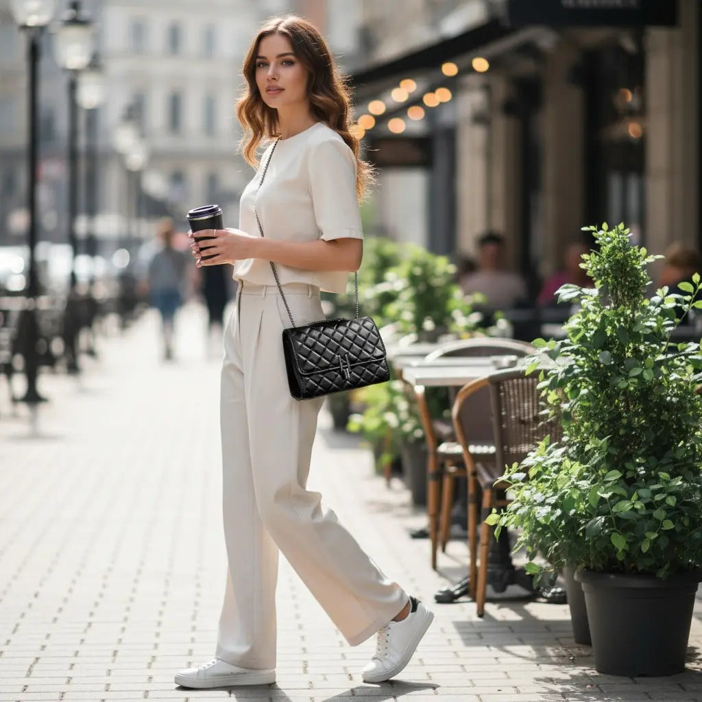Sac à main matelassé noir porté à l’épaule avec chaîne