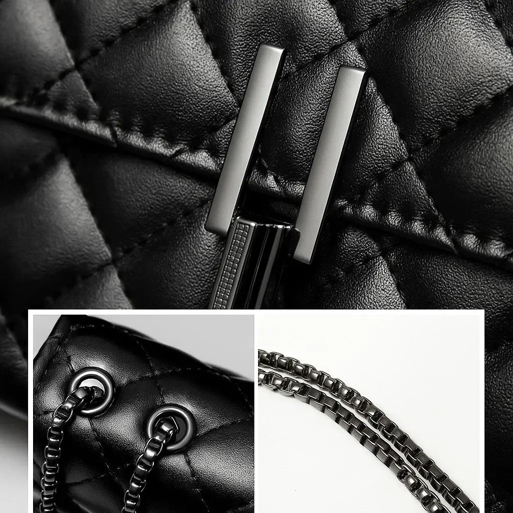 Sac à main matelassé noir, zoom sur les détails de la fermeture et de la bandoulière.