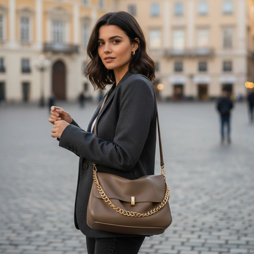Sac à rabat souple en cuir marron porté à l’épaule avec chaîne dorée