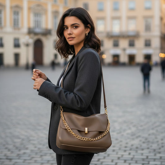 Sac à rabat souple en cuir marron porté à l’épaule avec chaîne dorée
