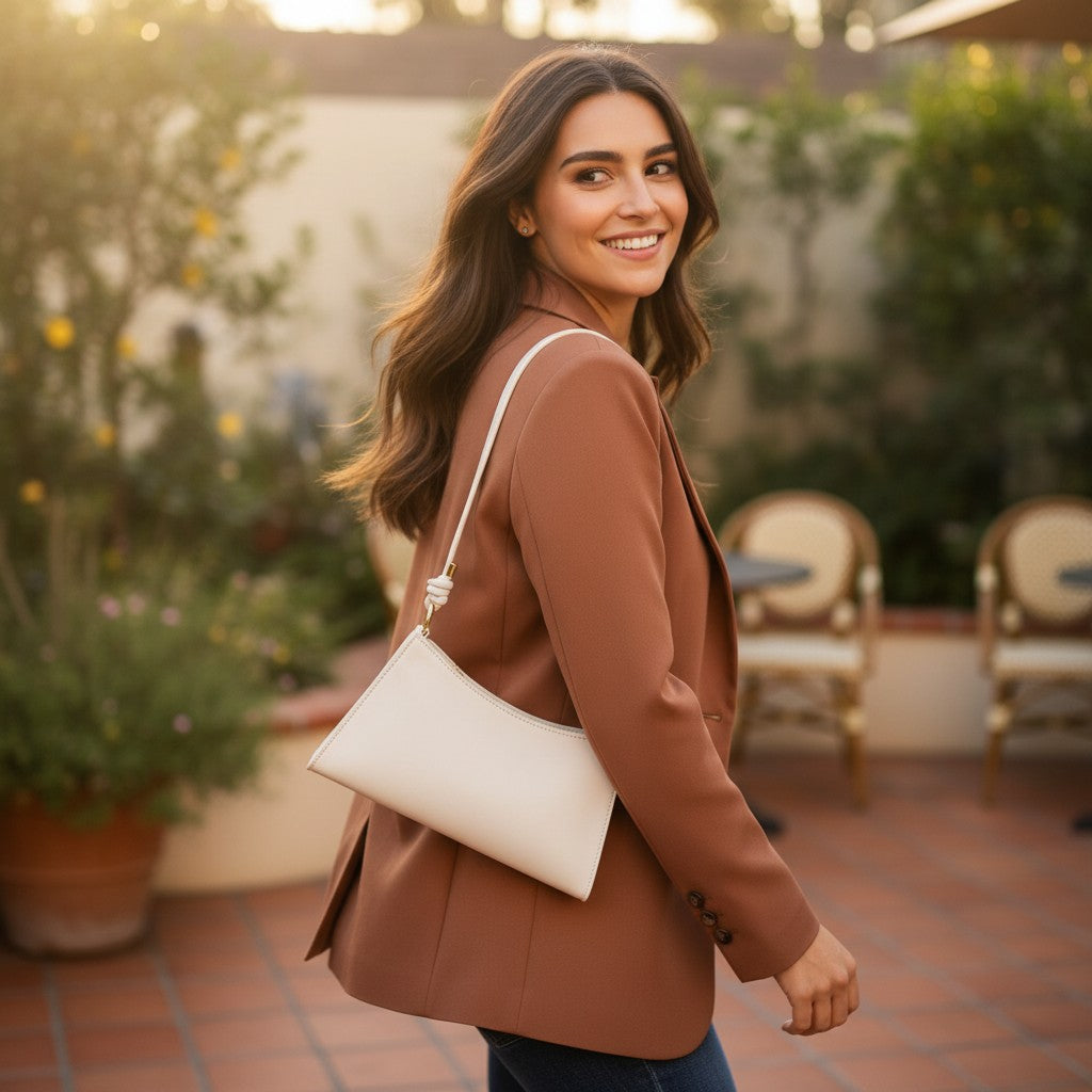 Femme portant un sac baguette en cuir blanc cassé en extérieur
