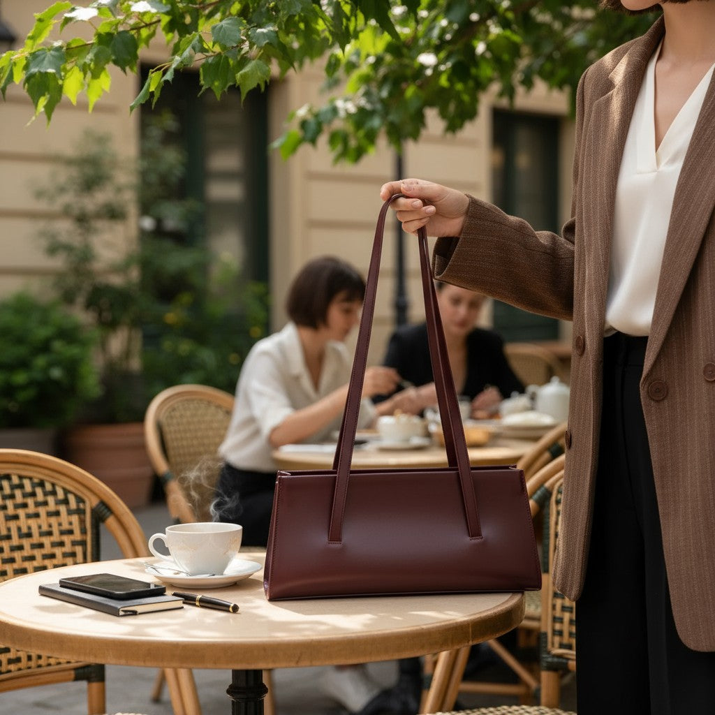 Sac baguette en cuir bordeaux pour femme posé sur une table de café, style chic et urbain
