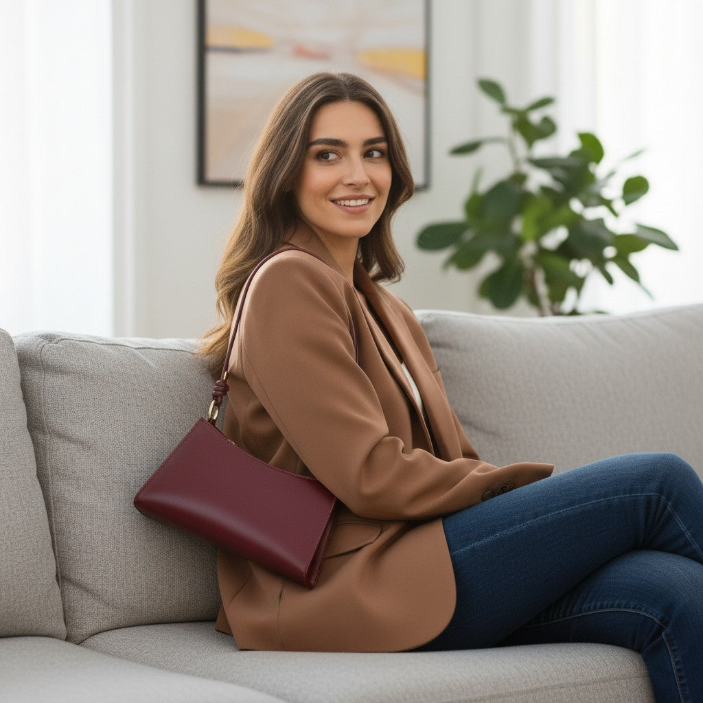Femme assise au canapé portant un sac baguette en cuir bordeaux
