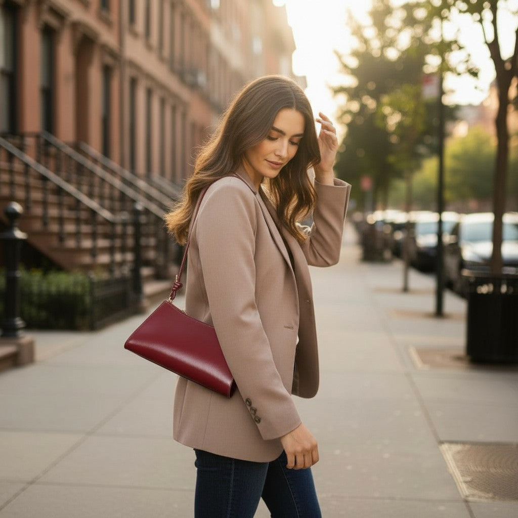 Sac baguette en cuir bordeaux porté par une femme en marchant