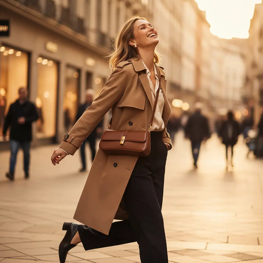 Sac baguette marron en cuir lisse porté avec manteau long en ville