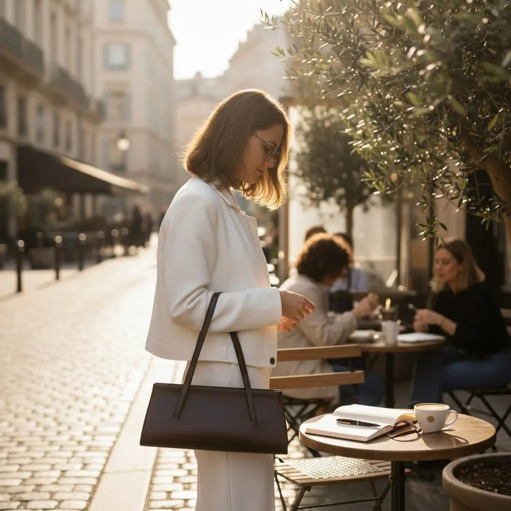 Sac baguette en cuir marron foncé porté à l'avant bras par une femme en tenue blanche dans la rue