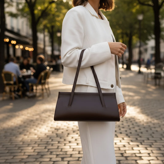 Sac baguette en cuir marron foncé porté à l’épaule par une femme en tenue blanche dans la rue