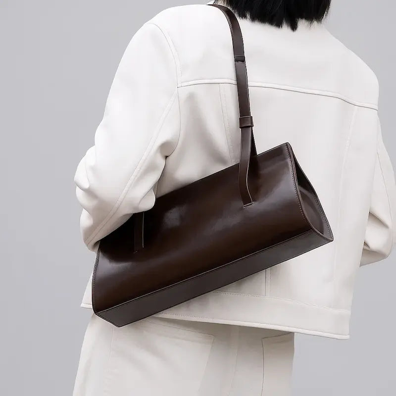 Sac baguette en cuir marron foncé porté à l’épaule par une femme en veste blanche