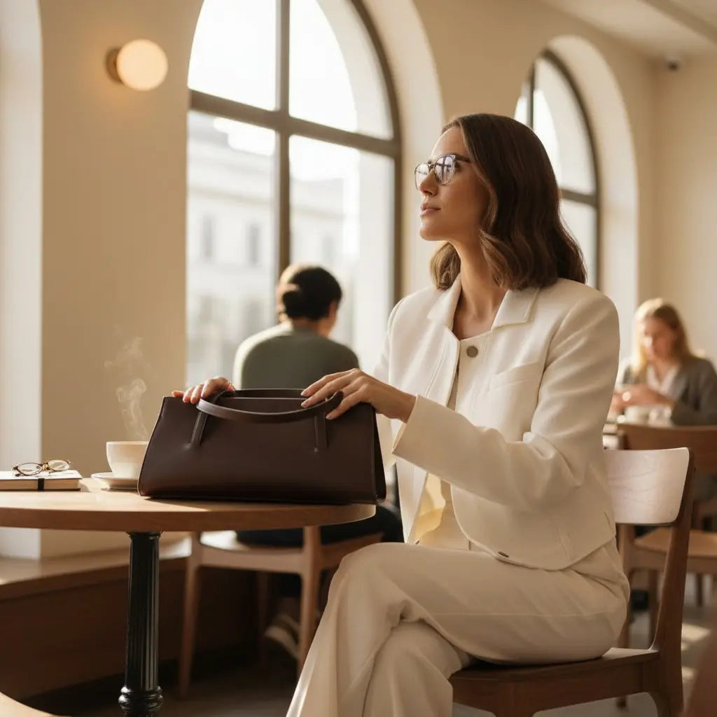 Sac baguette en cuir marron foncé posé sur une table de café, une femme en tenue blanche  assise.