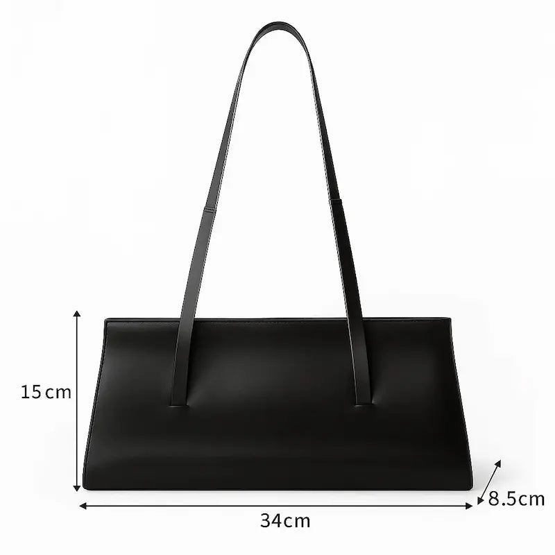 Sac baguette en cuir noir pour femme avec dimensions 34 × 15 × 8,5 cm indiquées
