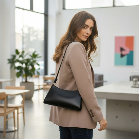 Femme portant un sac baguette en cuir noir avec un manteau came
