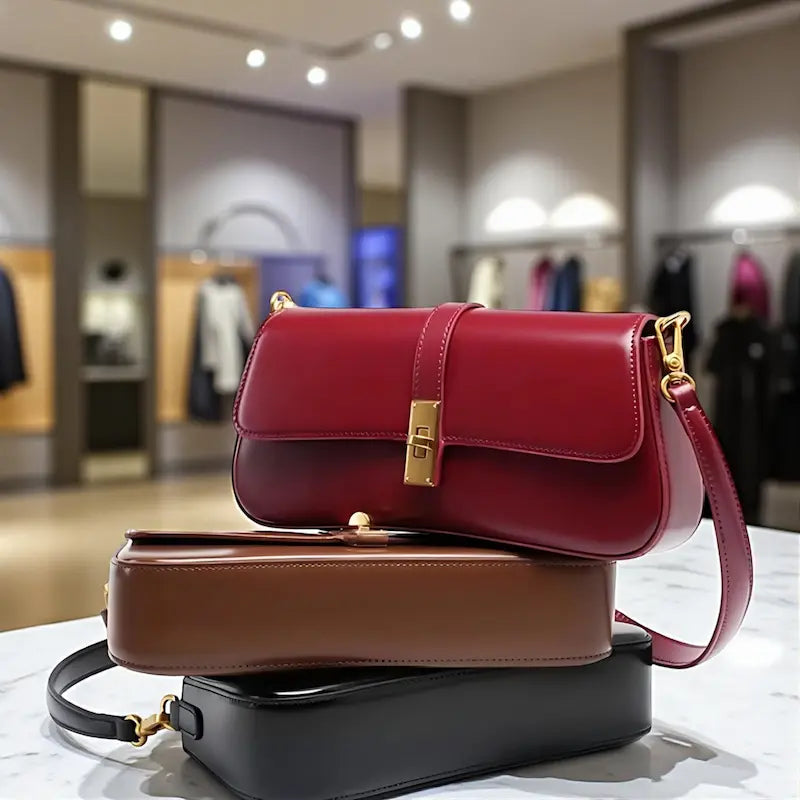 Sacs baguette en cuir véritable rouge, marron et noir empilés