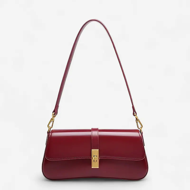 Sac baguette en cuir véritable rouge avec fermeture dorée et bandoulière réglable