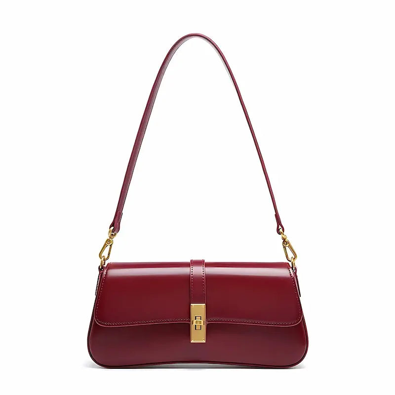 Sac baguette en cuir véritable rouge avec fermeture dorée et bandoulière réglable