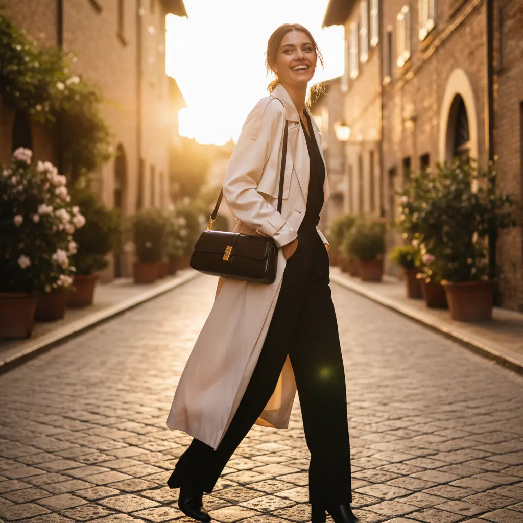Sac baguette noir en cuir lisse porté épaule femme style urbain chic