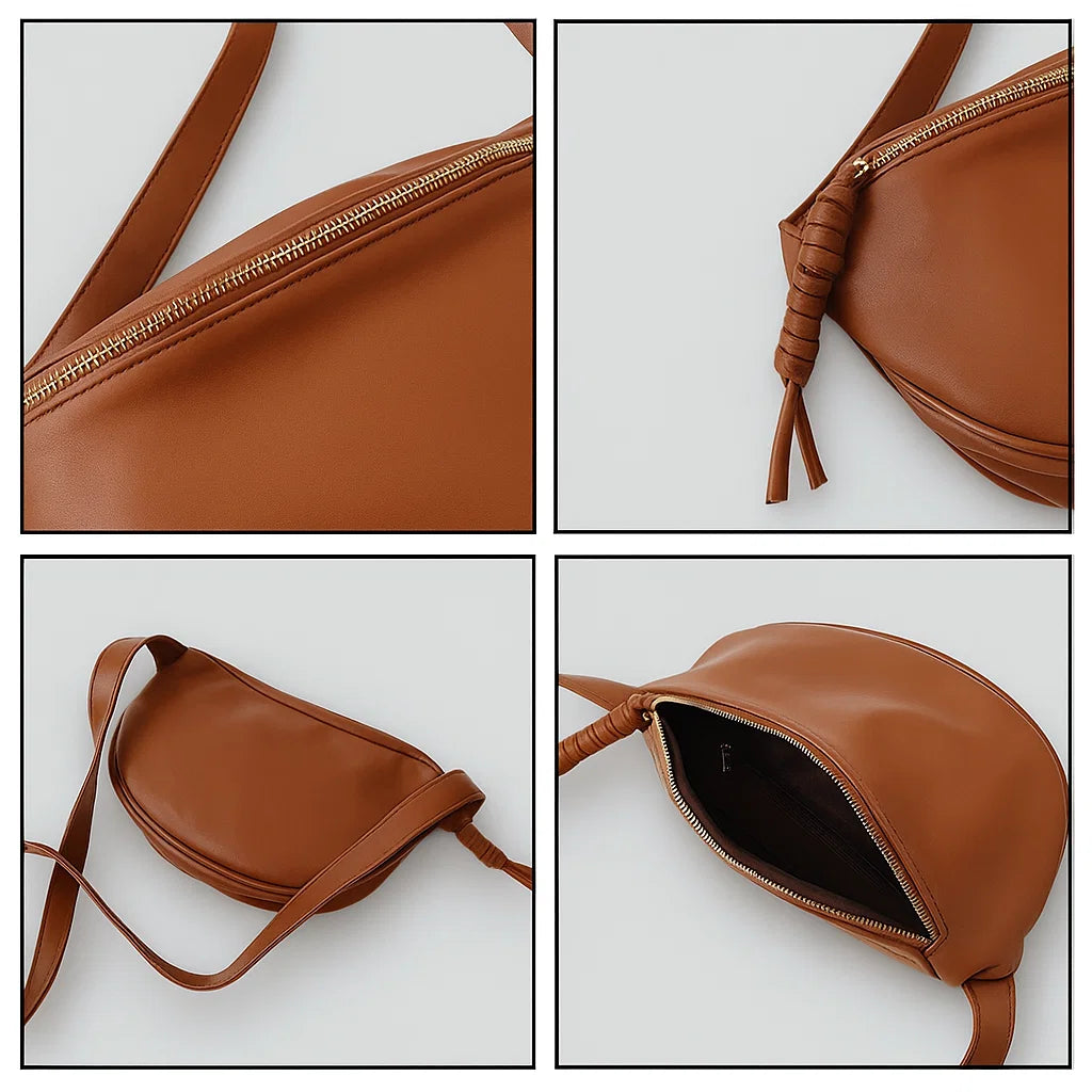 Gros plan sur les détails du sac banane en cuir PU marron : fermeture éclair et coutures