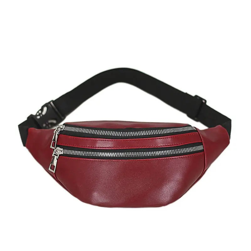 Sac banane femme en cuir PU rouge avec deux fermetures zippées