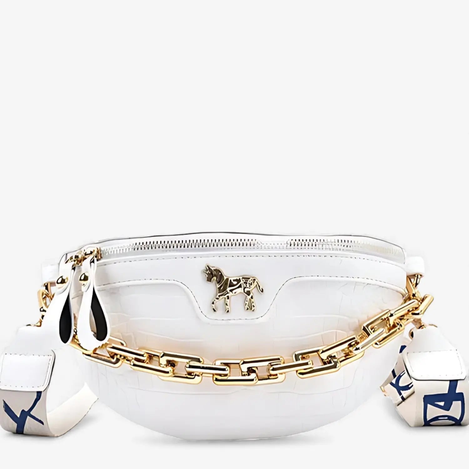 Sac banane femme en cuir synthétique blanc avec motif croco et chaîne dorée