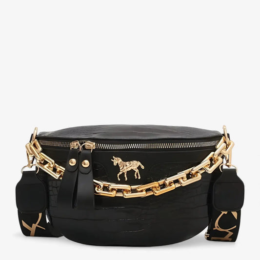 Sac banane femme en cuir synthétique noir avec motif croco et chaîne dorée tendance