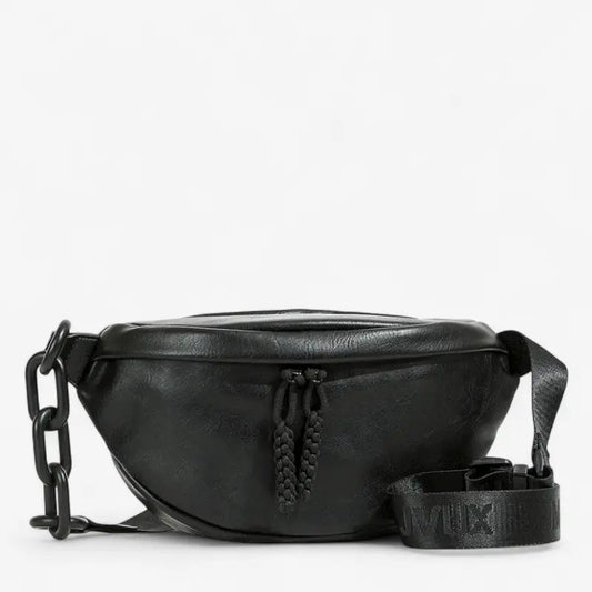 Sac banane femme en cuir synthétique noir avec chaîne latérale et bandoulière réglable