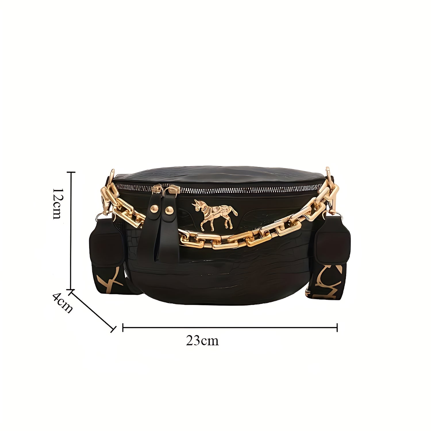 Dimensions du sac banane femme en cuir synthétique noir – 23×11×8 cm (motif croco, chaîne dorée)