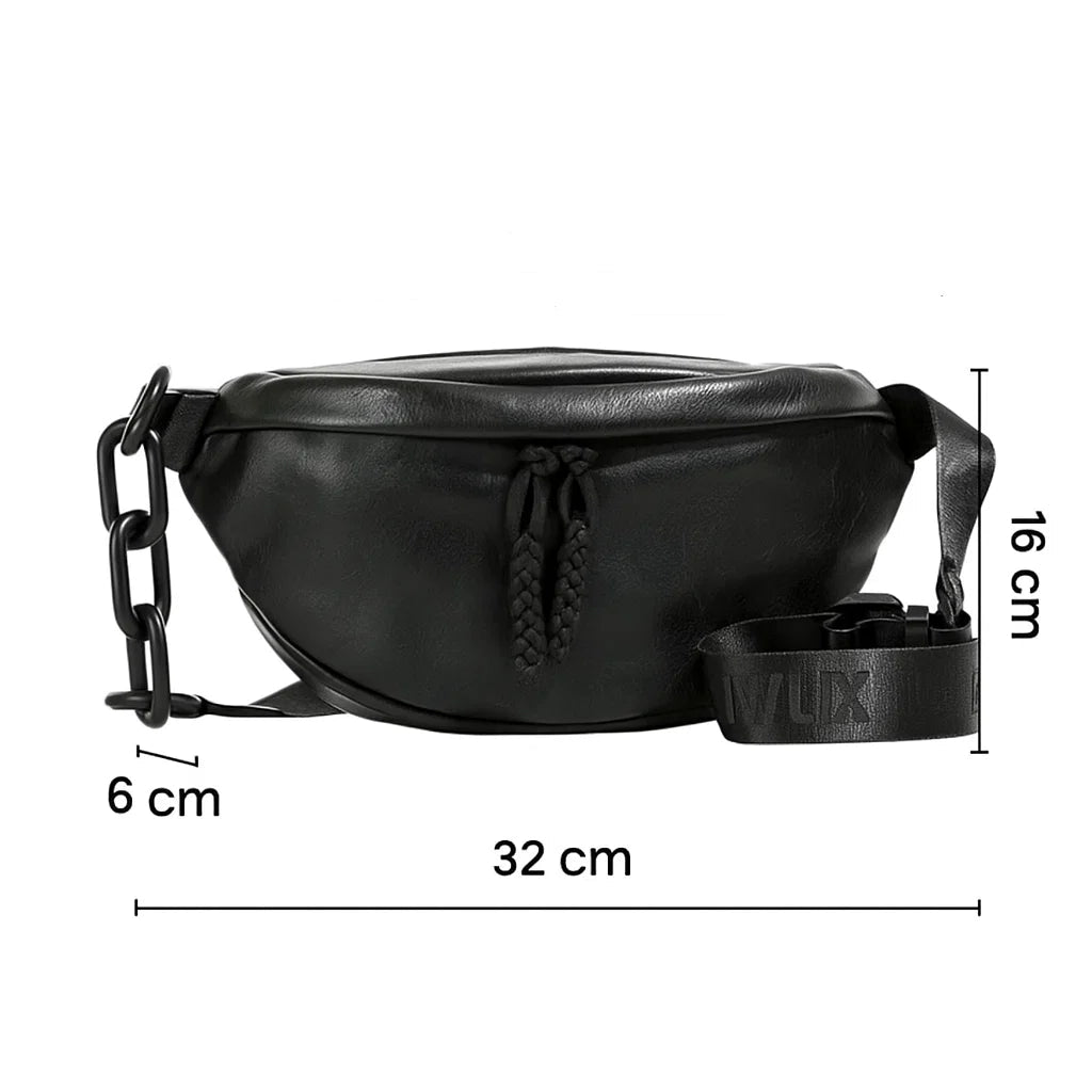 Sac banane femme en cuir synthétique noir avec chaîne latérale et dimensions 32 × 16 × 6 cm.