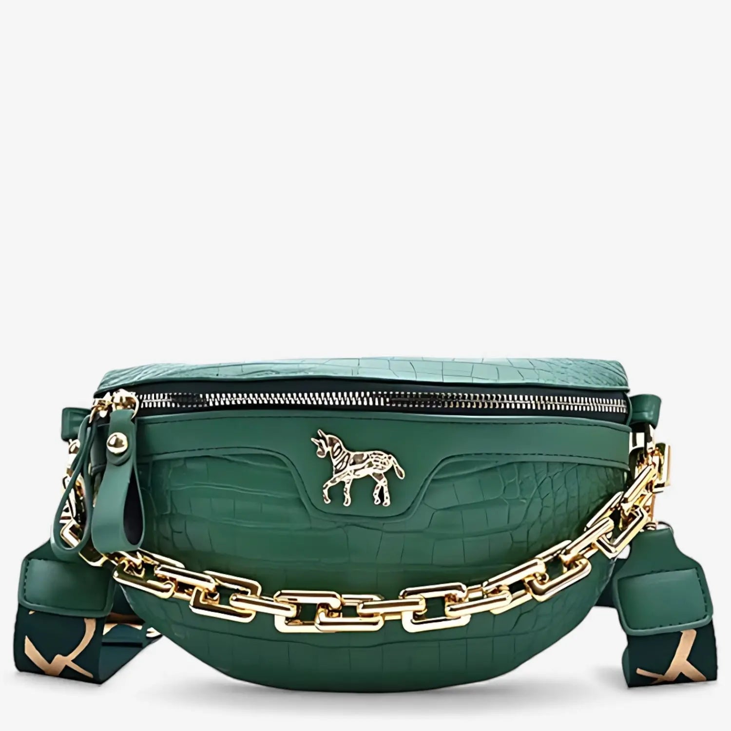 Sac banane femme en cuir synthétique vert avec motif croco et chaîne dorée