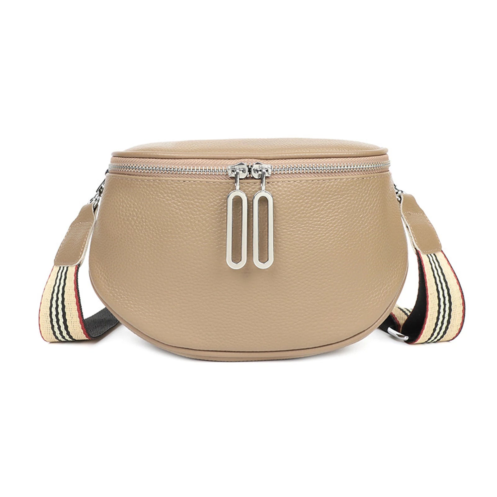 Vue de face du sac banane femme en cuir véritable beige avec fermeture zip double.