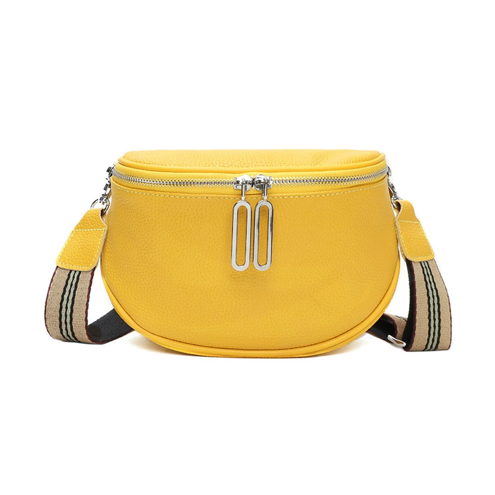 Vue de face du sac banane femme en cuir véritable jaune avec zip double métallique et bandoulière ajustable.