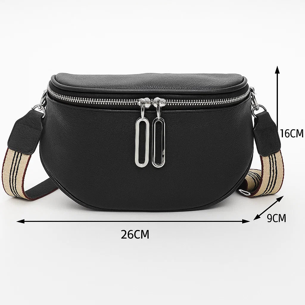 Sac banane femme en cuir véritable noir avec zip double, dimensions 26 × 9 × 16 cm.