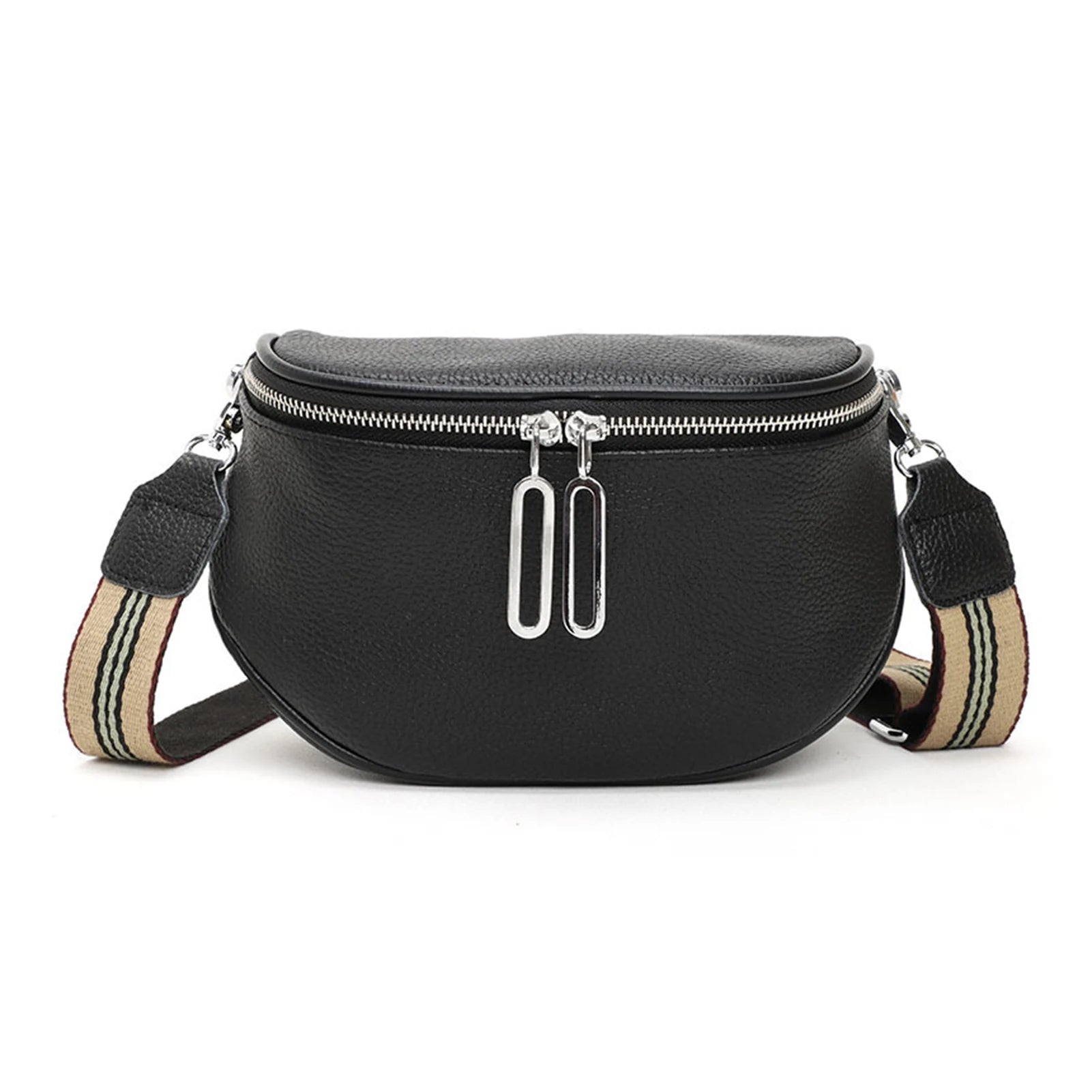 Vue de face du sac banane femme en cuir véritable noir avec zip double et bandoulière réglable.