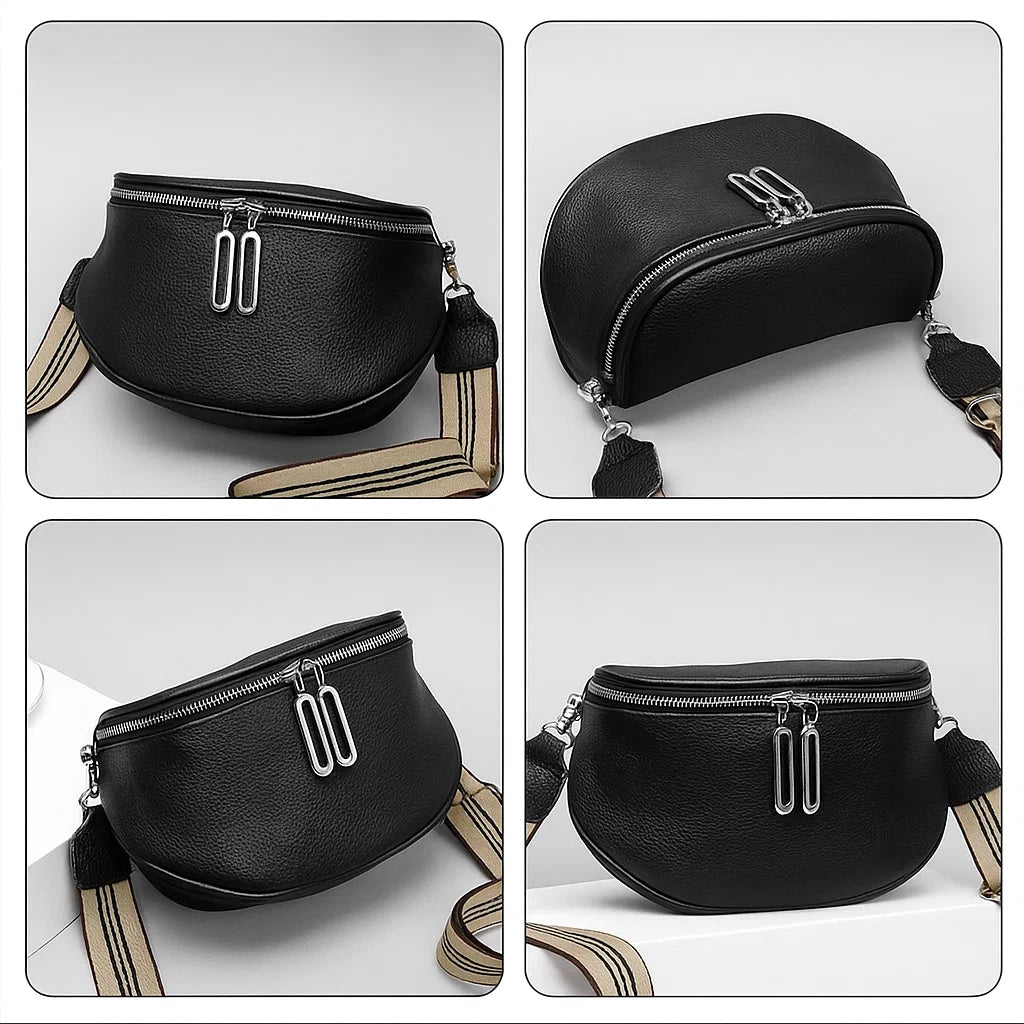 Vue de côté du sac banane femme en cuir véritable noir avec zip double.