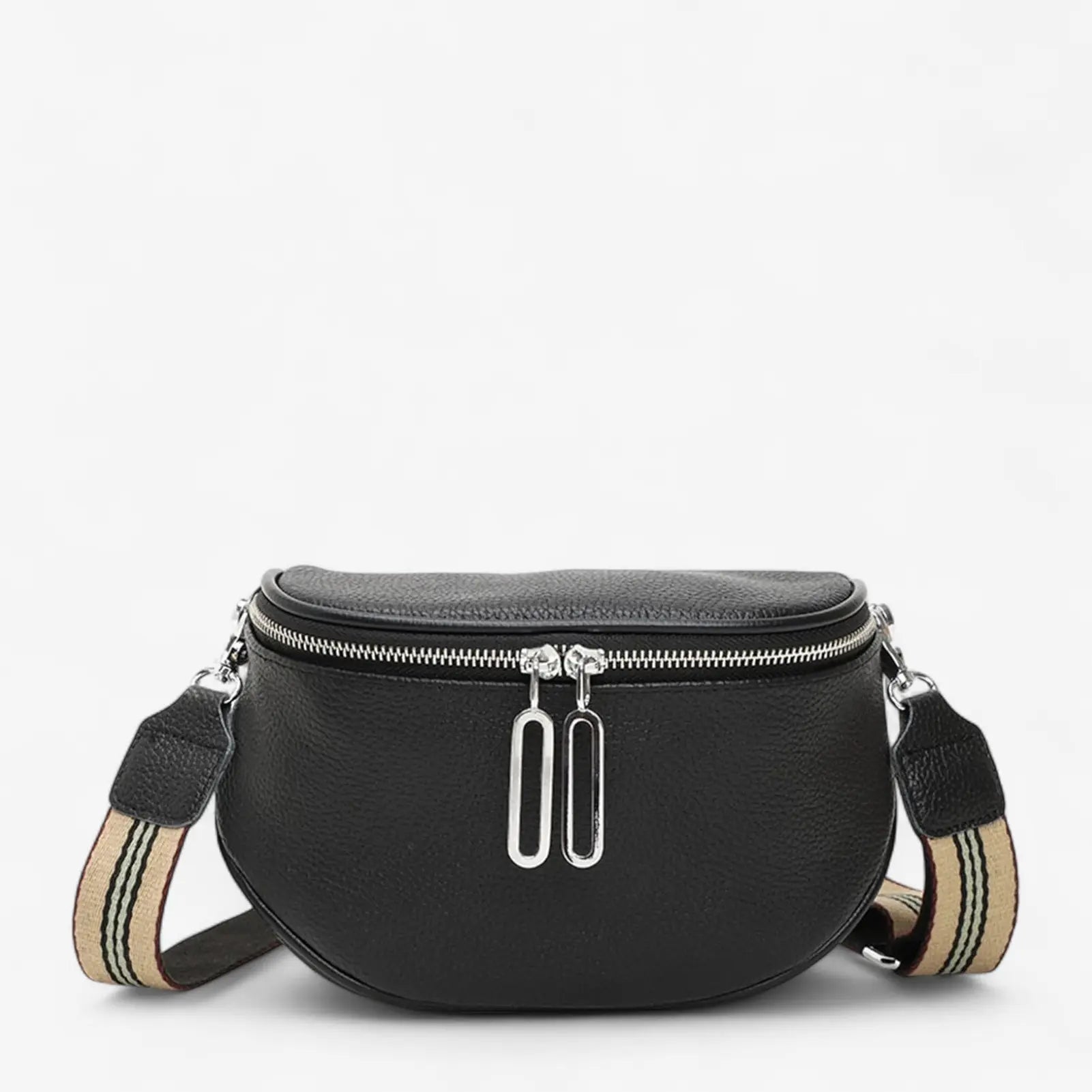 Sac banane femme en cuir véritable noir avec fermeture zip double et bandoulière réglable