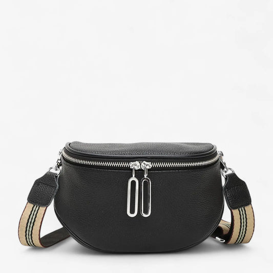 Sac banane femme en cuir véritable noir avec fermeture zip double et bandoulière réglable
