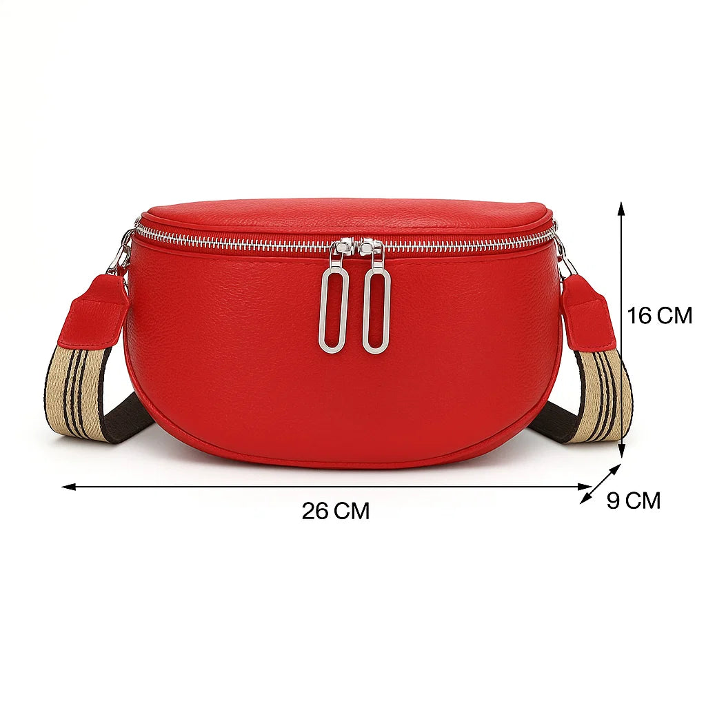 Sac banane femme en cuir véritable rouge avec fermeture zip double, dimensions 26 × 9 × 16 cm.