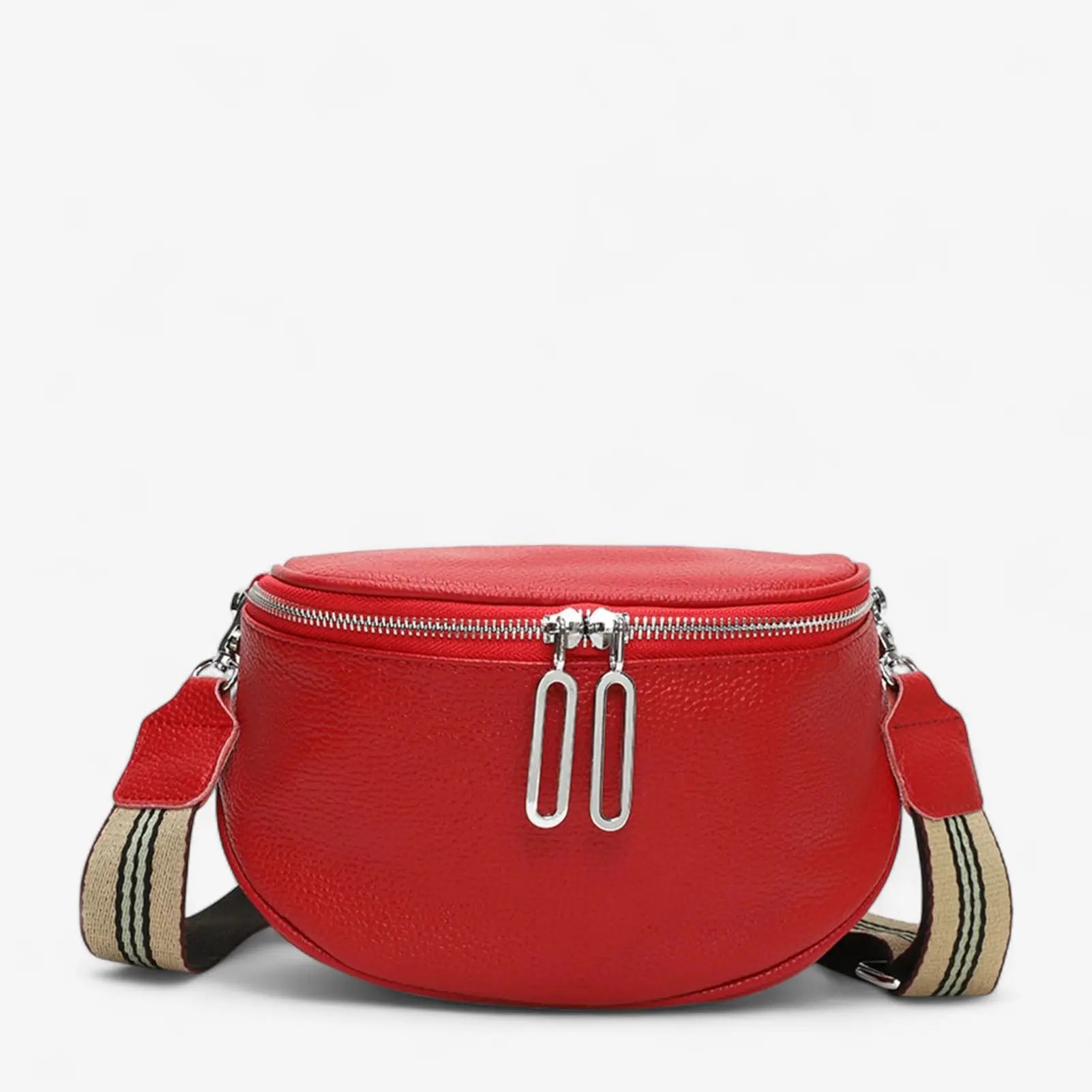 Sac banane femme en cuir véritable rouge avec fermeture zip double et bandoulière réglable