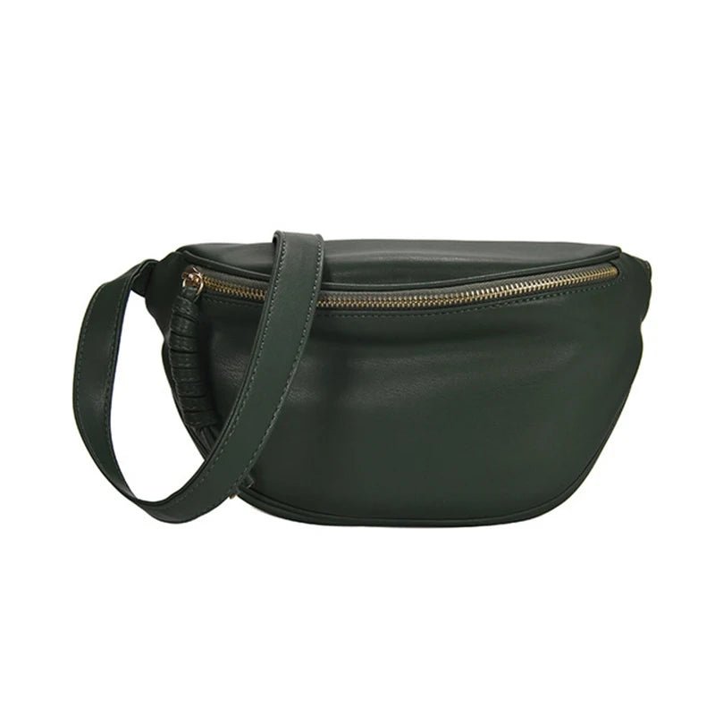 Sac banane femme en cuir PU vert foncé avec zip métallique et bandoulière ajustable
