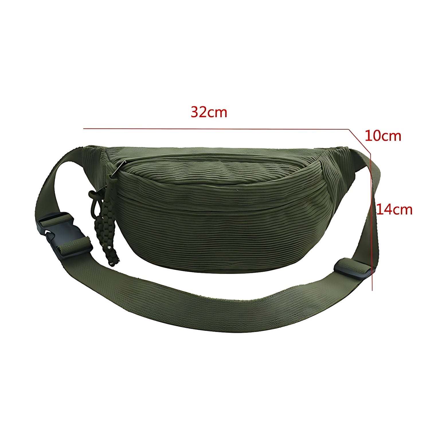 Sac banane en velours côtelé vert avec dimensions 32 × 10 × 14 cm