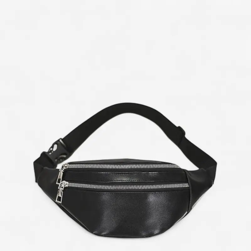 Sac banane homme en cuir PU noir avec double fermeture éclair