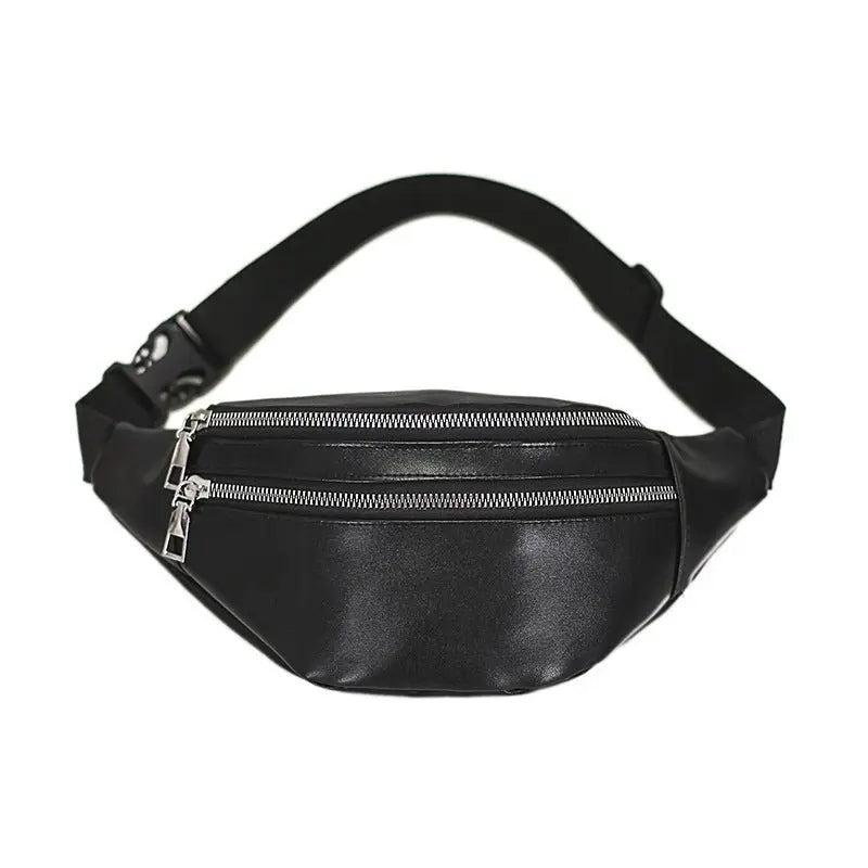 Sac banane homme en cuir PU noir avec double fermeture éclair