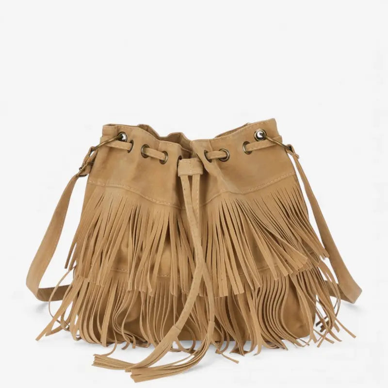 Sac bandoulière forme bourse à franges en suédine pour femme