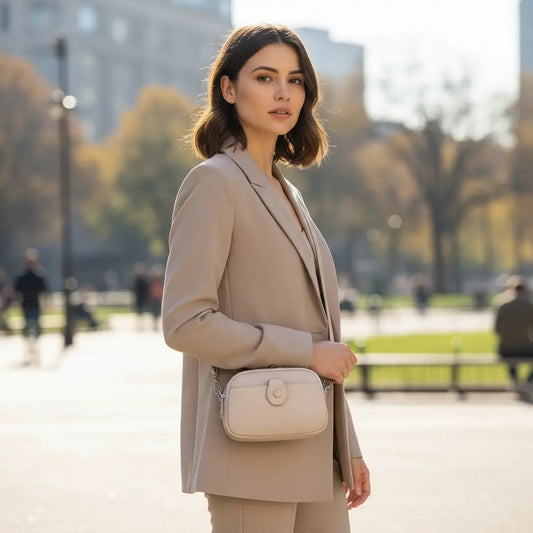 Sac bandoulière en cuir beige porté à l’épaule par une femme