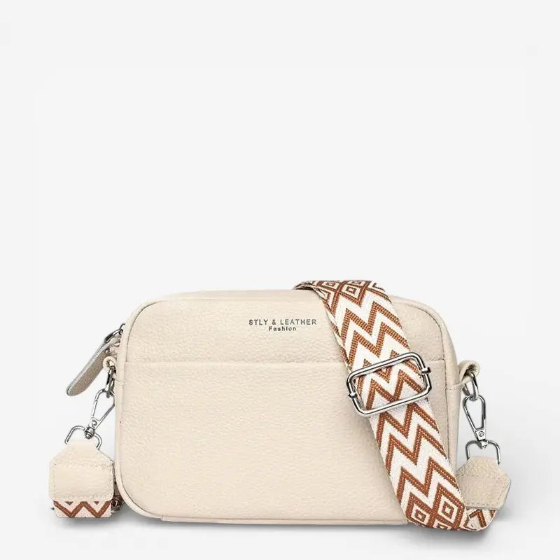 Sac bandoulière blanc crème en cuir véritable avec sangle géométrique marron et blanche