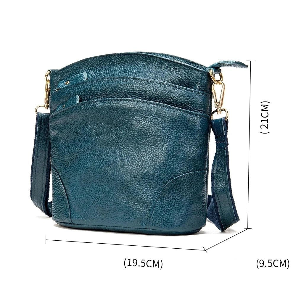 Sac à bandoulière en cuir véritable bleu avec dimensions indiquées