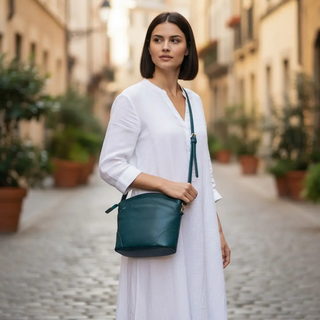 Sac en cuir bleu porté en bandoulière par une femme.