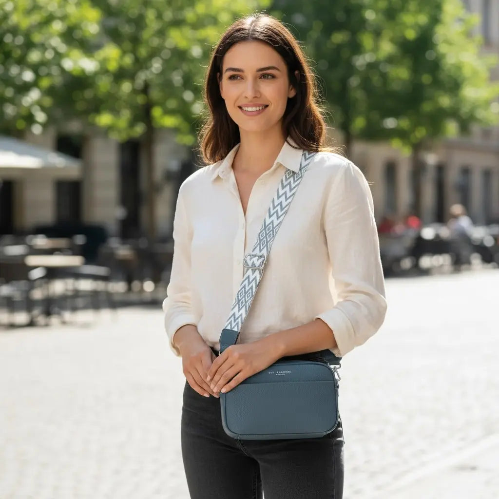 Sac bandoulière bleu en cuir de vachette avec sangle à motif bleu clair et blanc porté à l'épaule par une femme élégante.