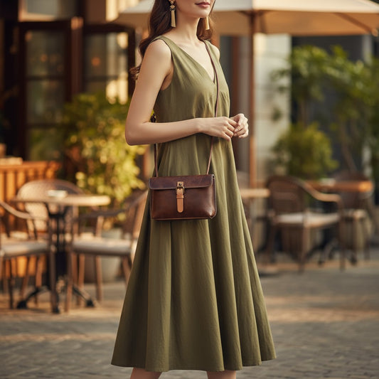 Femme portant un sac bandoulière en cuir couleur café, style rétro, avec boucle beige.