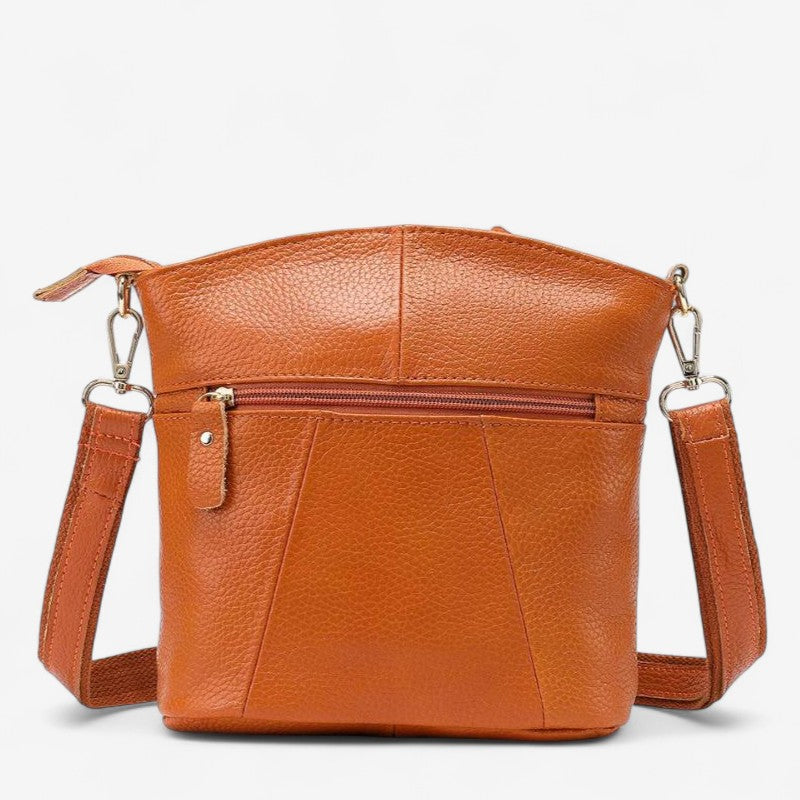 Sac à bandoulière en cuir véritable camel vu de dos avec poche zippée